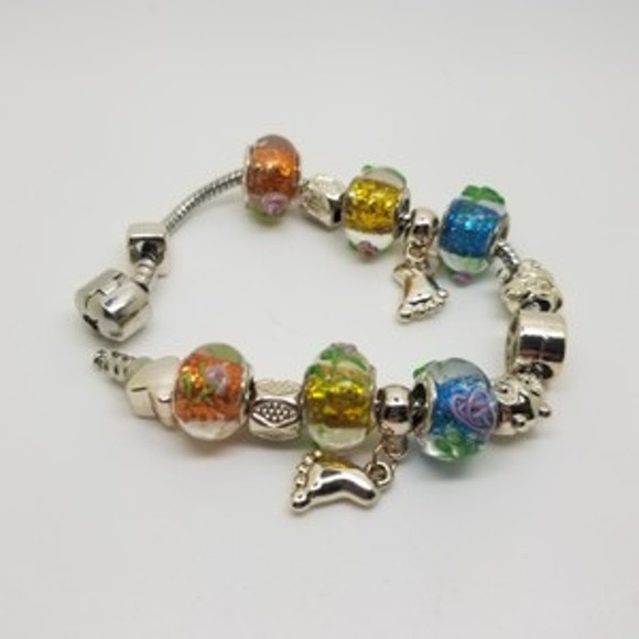Peace Charm Murano Glass Bracelet Glass and Silver Tone Beads Snake Chain sz 7.5 - Picture 5 of 6